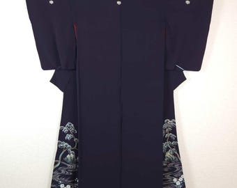 Antiguo kimono Iro Tomesode azul medianoche, vintage, Yuzen Kimono,留袖, tela antigua, forro rojo, pintado a mano, 手描く, pinos, vintage, paisaje