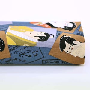 Japanischer Stoff – Kabuki-Porträts blauer Hintergrund – 50 cm, japanische Stoffe, japanisches Kabuki, japanisches Zeichen, japanische Schrift, 歌舞伎