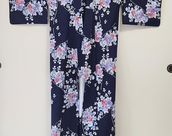 Navy blue Yukata with colorful bloom, Cotton Yukata, Summer Kimono, woman Yukata, Yukata summer, festival cloth, Katazome, Hand printed