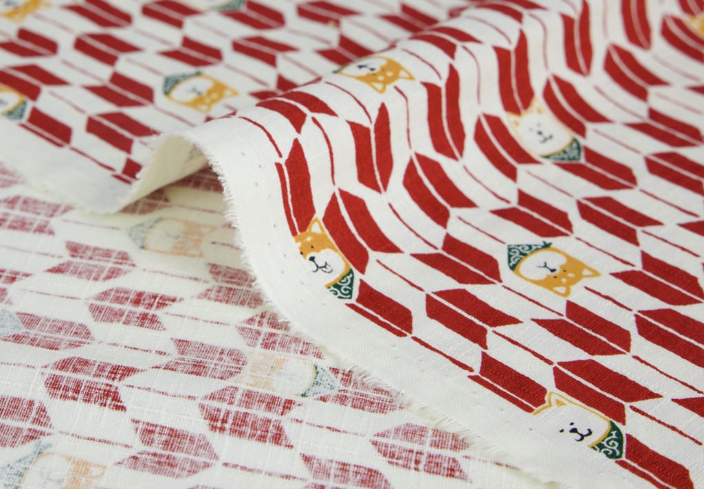 Japanese Shiba Dog Fabric Yagasuri Red 50cm Japanese Etsy