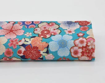 Japanese crinkled fabric Ume on blue - 50cm, Japanese fabric, Japanese crinkled fabric, Ume, Plum flower pattern, crinkled cotton, 梅, Ume