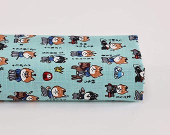 Japanese kawaii Shiba Samurai fabric turquoise - 50cm, Very cute Japan textile with dogs pattern, 柴犬, Japan characters