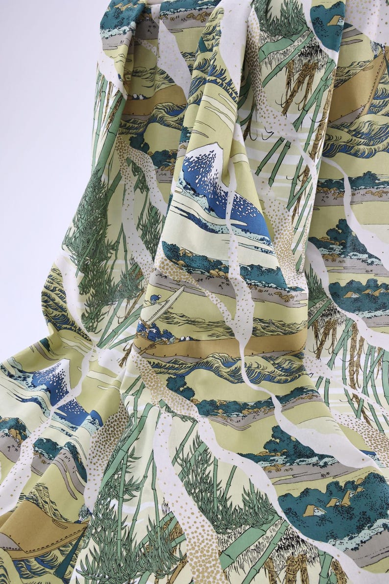 Japanese Fabric Ukiyoe Mount Fuji Bamboo Yellow Background 50cm