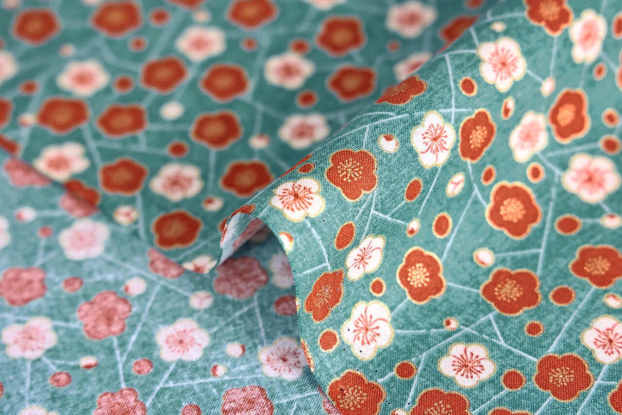 Japanese Ume Fabric on Turquoise Background - 50cm, Japanese Fabrics ...