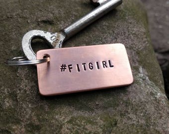 HANDMADE Copper Keychain with personal text ' #fitgirl '. 1 in stock with this text.