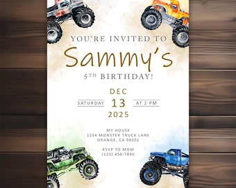 Monster Truck Invitations - Custom Birthday Party Invite - Printable & Shipped - Boys - Girls - Printed on Cardstock