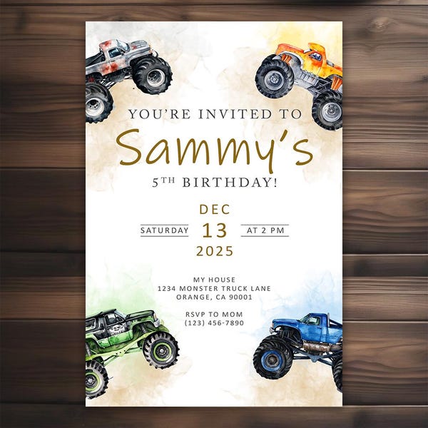 Monster Truck Invitations - Custom Birthday Party Invite - Printable & Shipped - Boys - Girls - Printed on Cardstock