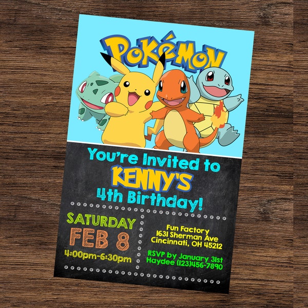 Pokemon Invitations Chalkboard - Birthday Party Invite - Printable & Shipped - Pikachu - Printed on Cardstock