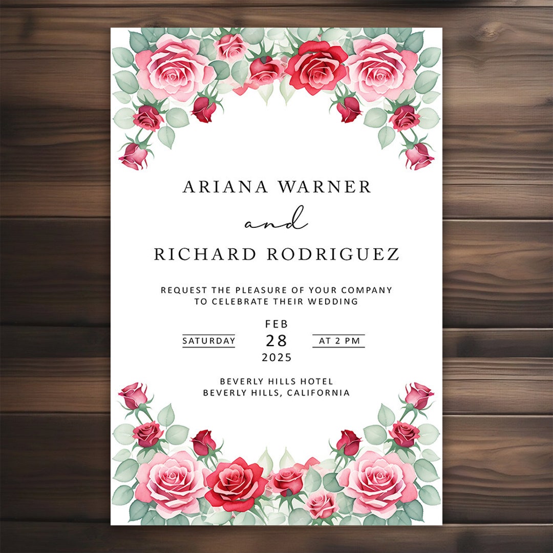 Pink and Red Roses Wedding Invitations - Floral Invite - Printable ...