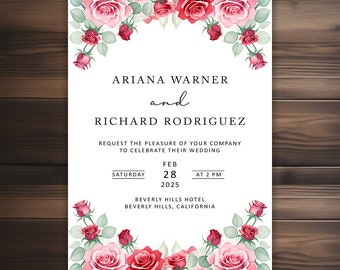 Pink and Red Roses Wedding Invitations - Floral Invite - Printable & Shipped - Printed on Cardstock