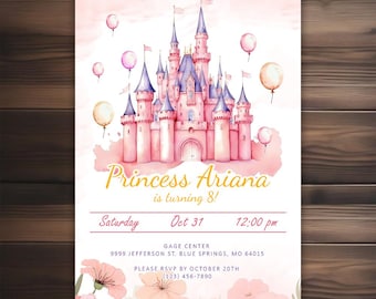 Princess Castle Invitations Chalkboard - Birthday Party Invite - Printable & Shipped - Pink Girls - Printed on Cardstock