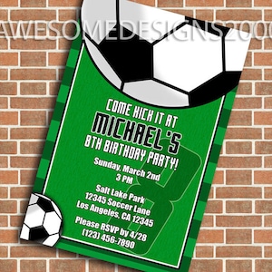 May include: Green and white soccer-themed birthday party invitation with a large soccer ball graphic at the top. The text reads "Come Kick It At Michael's 8th Birthday Party!" with details for the party including date, time, location, and RSVP information.