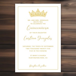 Gold Tiara Quinceanera Invitations - Sweet 15, Sweet 16, Invite, Fifteen, Sixteen - Printable & Shipped - Personalized Printed on Cardstock