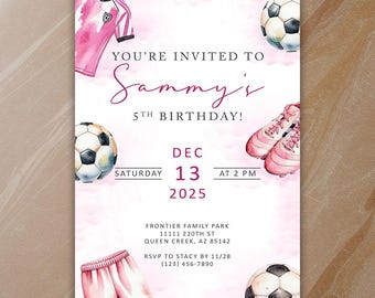 Girls Soccer Invitations - Birthday Party Invite - Printable & Shipped - Pink Girls - Printed on Cardstock