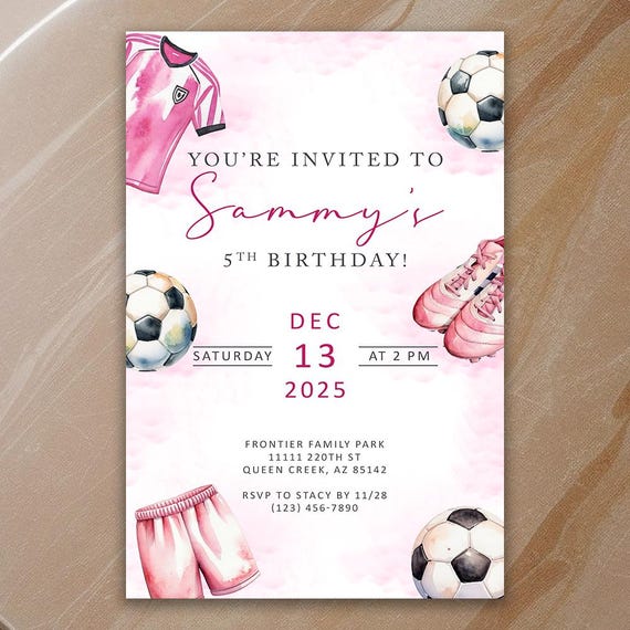 Girls Soccer Invitations - Birthday Party Invite - Printable & Shipped - Pink Girls - Printed on Cardstock