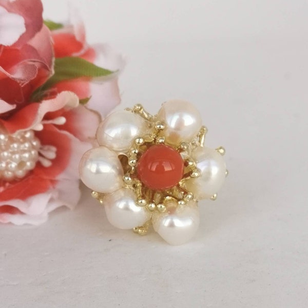 Flower ring white pearls and natural red coral, maxi ring