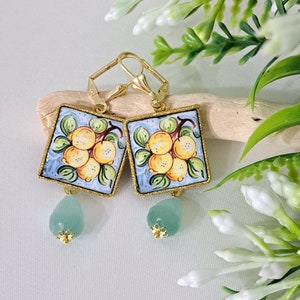 Caltagirone ceramic earrings and blue quartz drops, Sicilian earrings