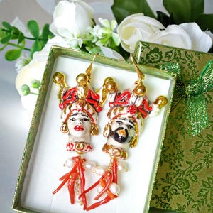 Moor&#39;s head earrings Caltagirone ceramic, white pearls and Mediterranean red coral, Sicilian earrings 925 silver