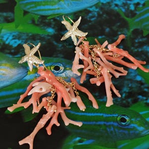 Natural Salmon Pink Coral Earrings, 925 Silver Gold Plated Starfish Earrings, Italian Jewelry