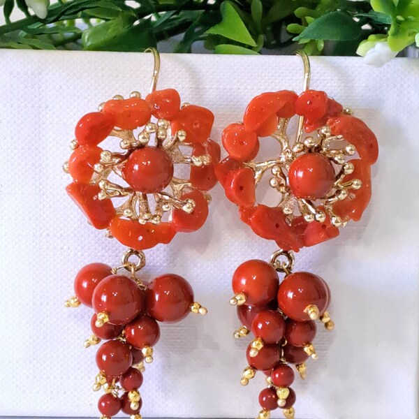 Mediterranean red coral earrings and red coral paste pearls, flower earrings, pendant earrings