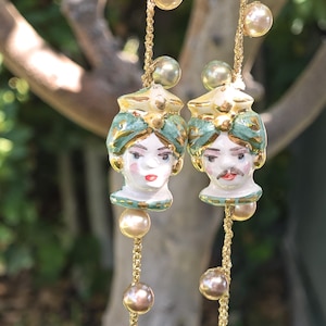 Caltagirone ceramic and pearl moorish heads necklace, Sicilian rosary necklace