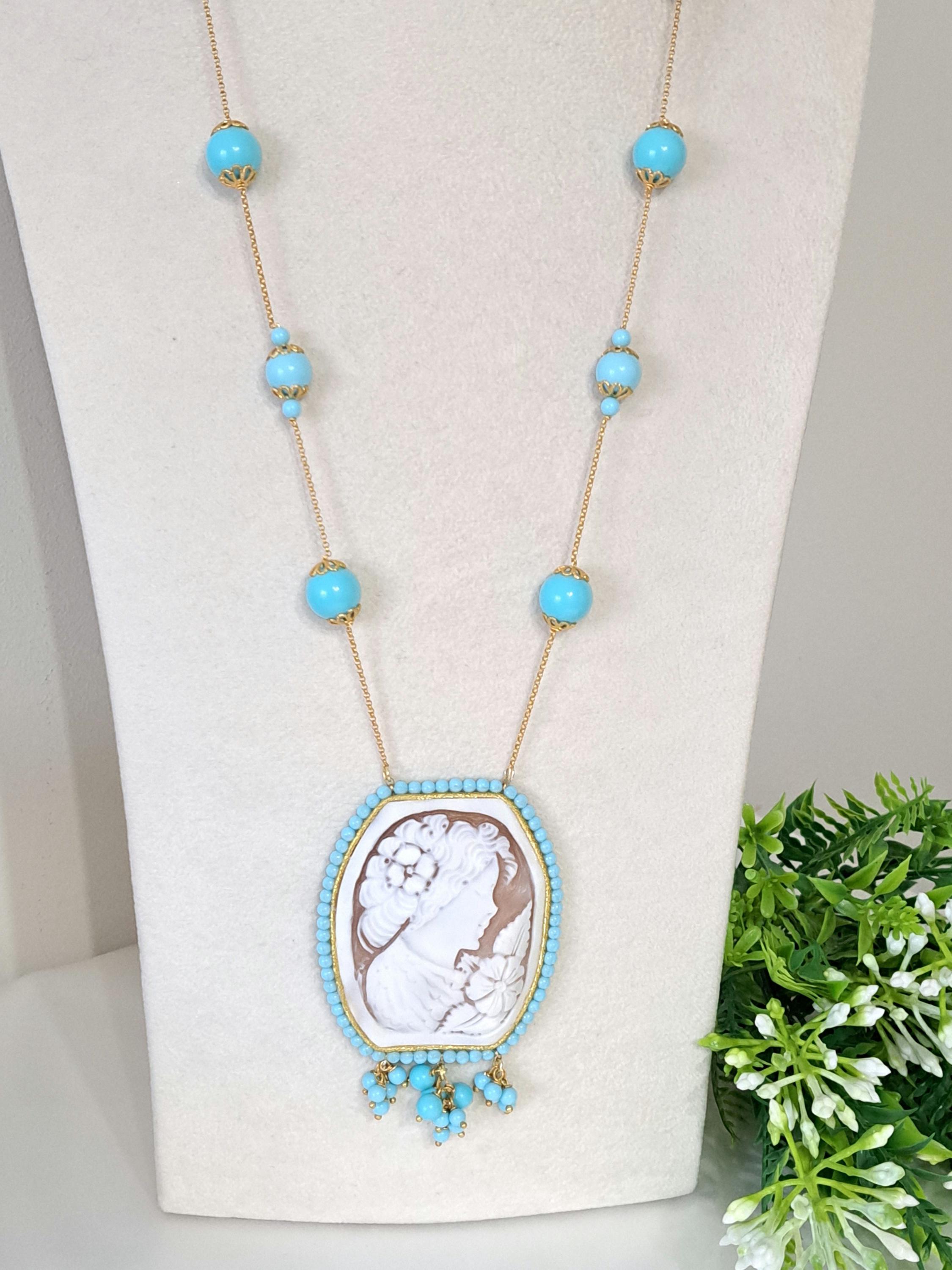 Collier Perles Et Turquoise Avec Camée Cornaline - Argent 925, Longueur 55 Cm, Rose, Neuf