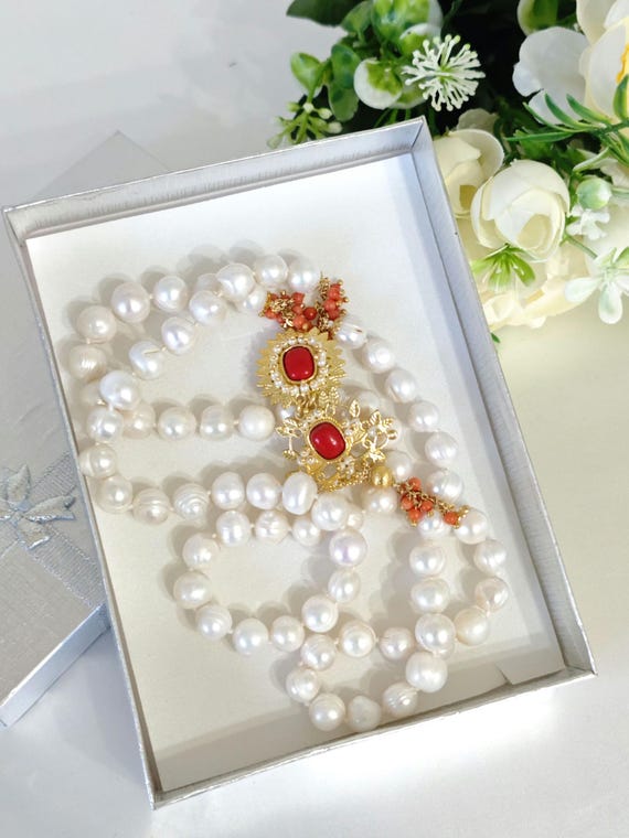 Pendentif Italien Corail Naturel - Perles Rouges, Cuivre, 12 Carats, Fait Main