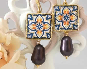 Caltagirone ceramic earrings, drop pearl earrings, Sicilian earrings