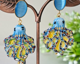 Caltagirone ceramic octopus earrings, octopus earrings, Sicilian earrings