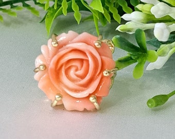 Imitation pink coral and gold brass ring, flower ring