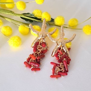 Starfish earrings with red coral cluster, dangle earrings image 3