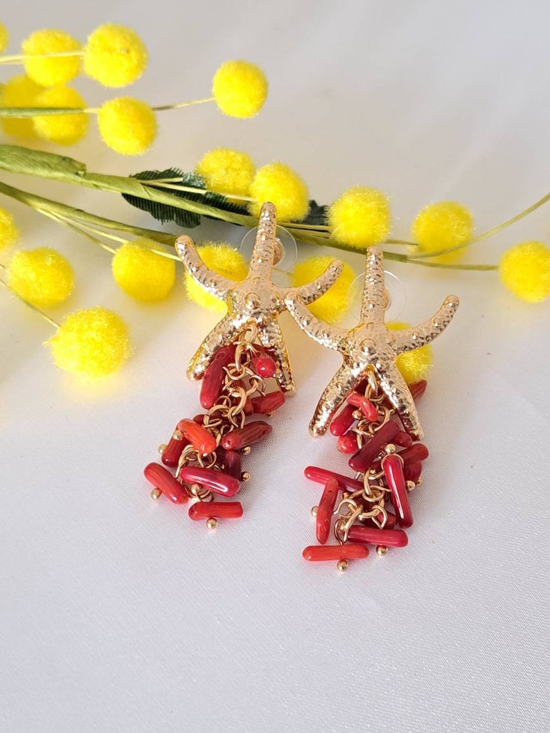 Starfish earrings with red coral cluster, dangle earrings image 3