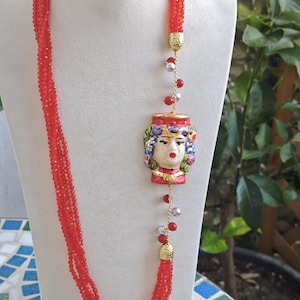 Caltagirone ceramic Moor&#39;s head necklace, multi-strand necklace with red crystals, Sicilian necklace
