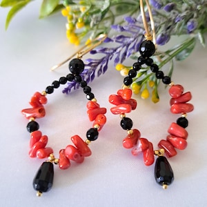 Black onyx and natural red coral Mediterranean drop earrings