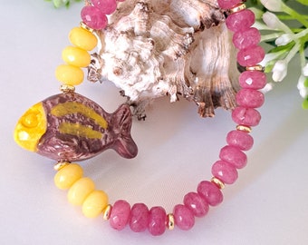 Caltagirone ceramic bracelet and pink and yellow agate stones, Sicilian bracelet