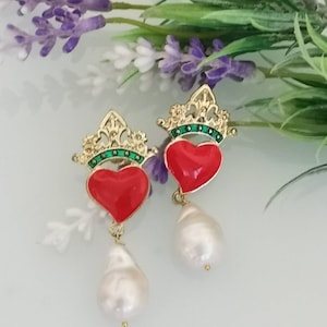 Sacred heart earrings and white baroque pearls, ex voto earrings, baroque earrings