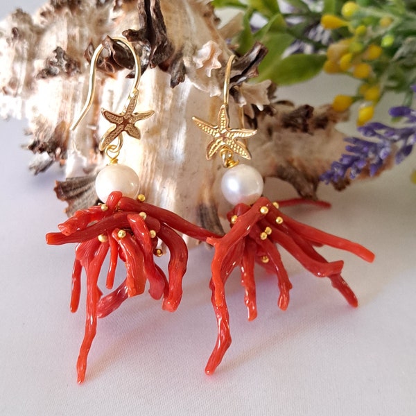 Boucles d'oreilles en corail rouge naturel et perles baroques, boucles d'oreilles en argent plaqué or 925 en forme d'étoile de mer, bijoux italiens