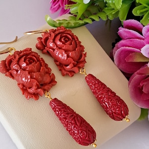 Red coral rose earrings, coral drop earrings, 925 silver earrings, Italian jewelry