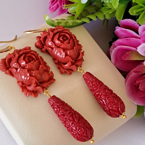 Red coral rose earrings, coral drop earrings, 925 silver earrings, Italian jewelry