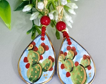 Caltagirone ceramic drop earrings, red coral pearl earrings, Sicilian earrings