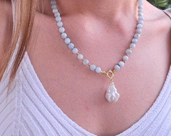 Choker necklace with aquamarine stones and white baroque pearls, modern necklace