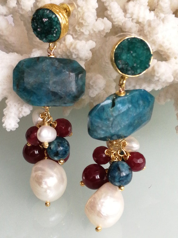 Multi Gemstone Sterling 925 SILVER Earring Chrysocolla white Pearl Earrings