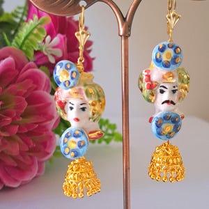 Moorish heads earrings in Caltagirone ceramic with golden bells, Sicilian earrings
