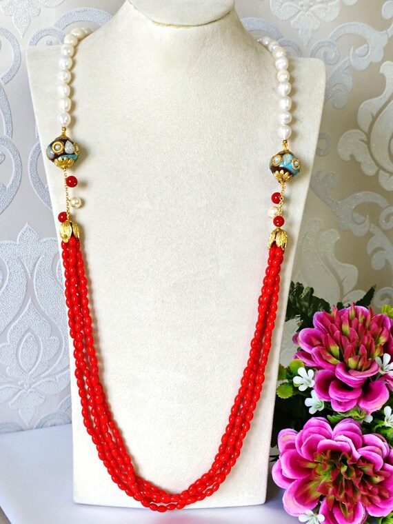 Collier Vintage Ras Du Cou - Perles De Corail Rose/orangé - France - Occasion Charmant