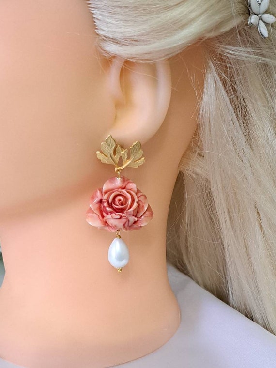 Pink Coral Rose Earrings Gold