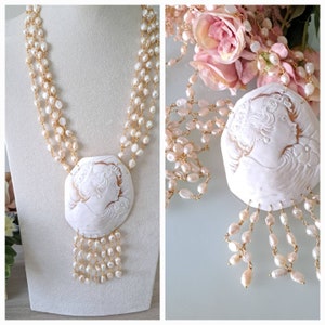 Sardonic shell cameo necklace, white pearl necklace, Italian jewelry image 4