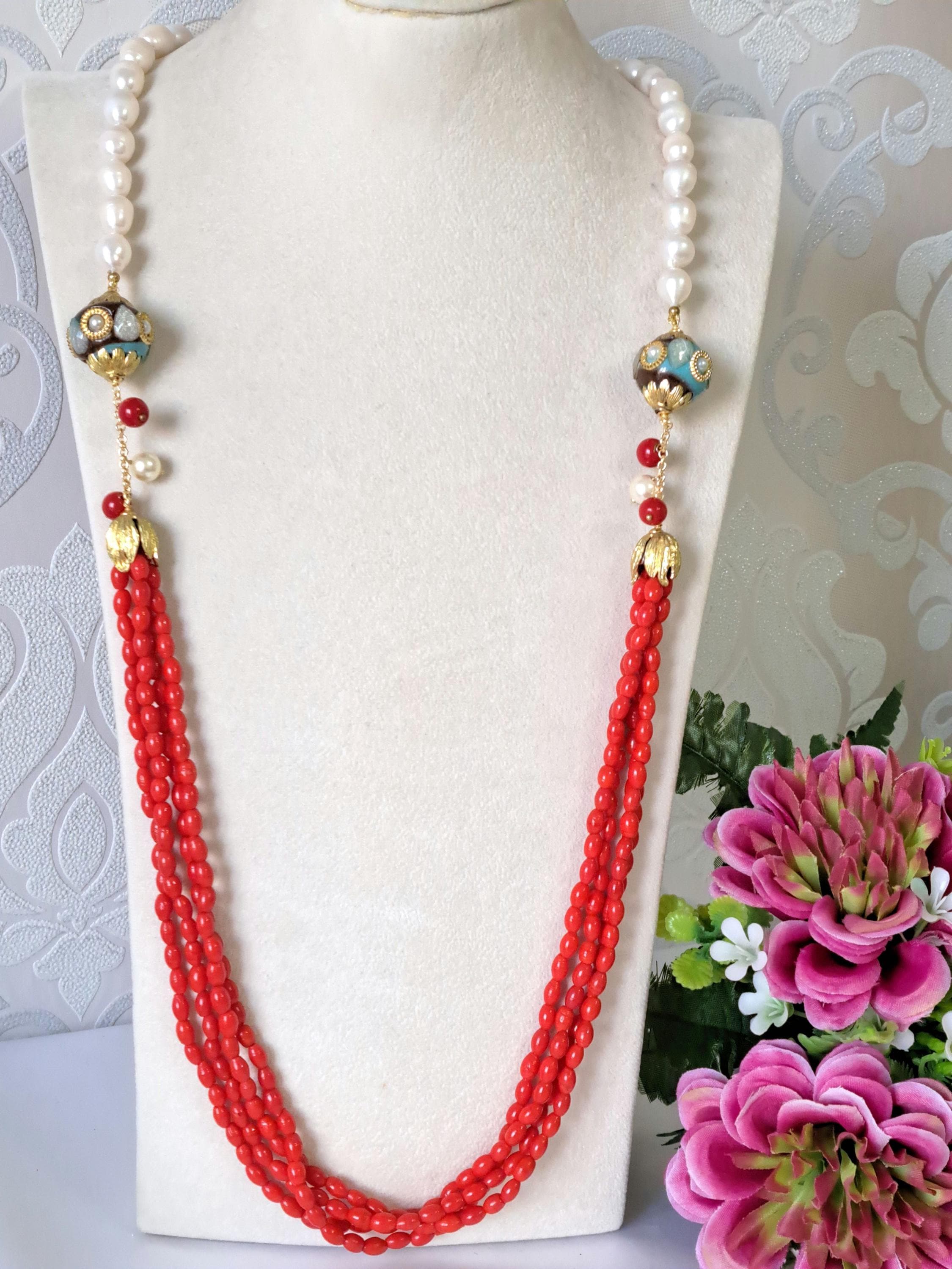 Collana Di Perle In Corallo Rosso Fine, 3 Fili Da 8mm, Con Chiusura A Fiore In Madreperla