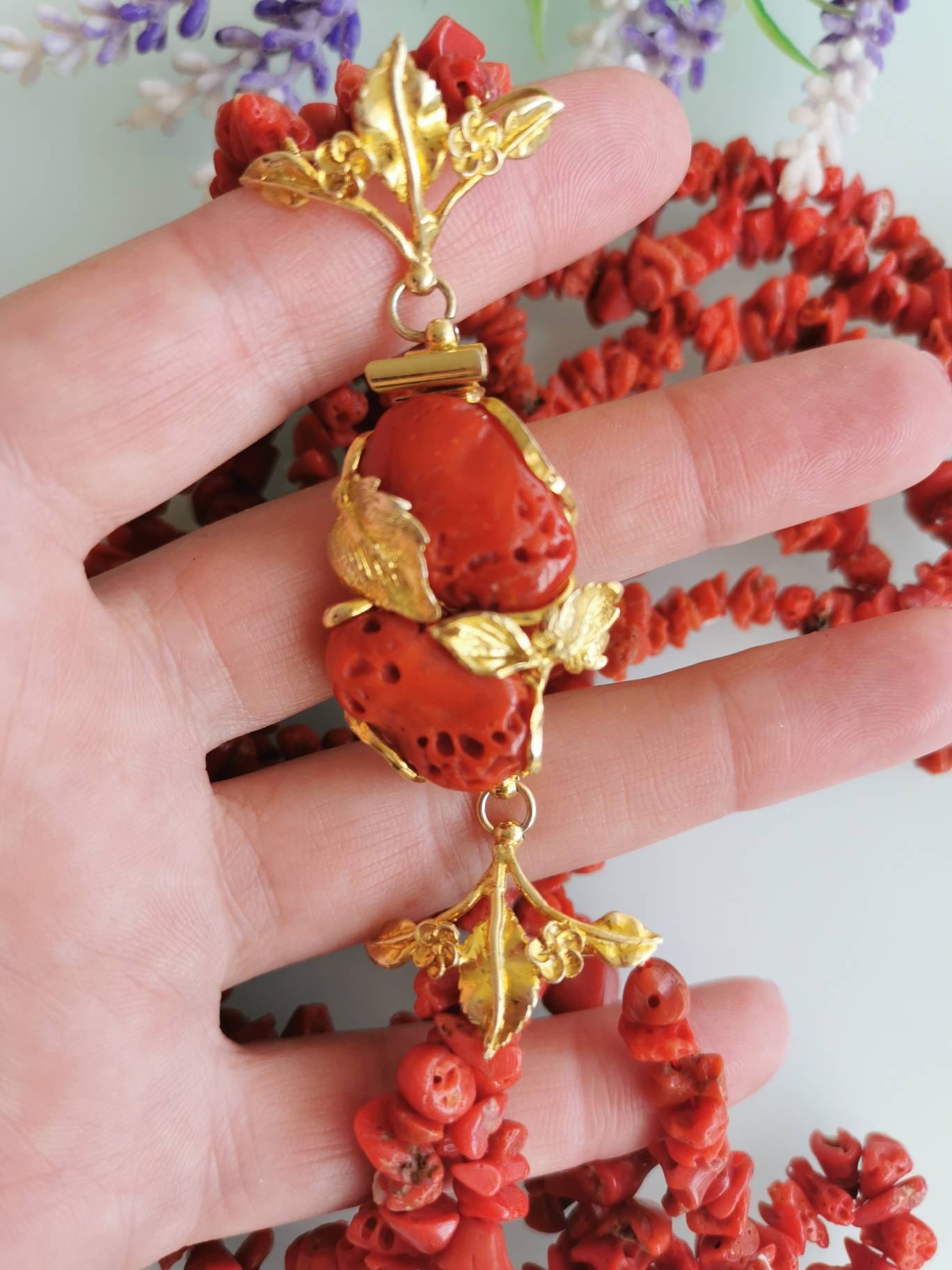Natural Mediterranean Red Coral Necklace and Gold-plated 925