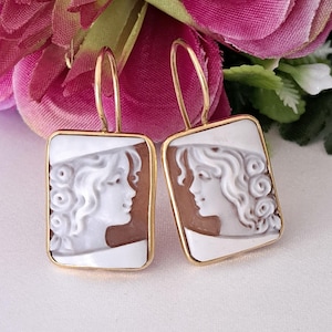 Sardonyx shell cameo earrings, 925 silver earrings, Italian jewelry