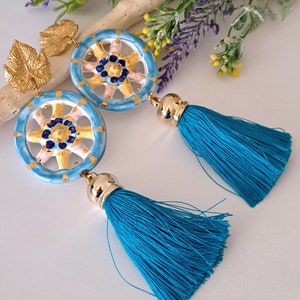 Sicilian cart wheel earrings in Caltagirone ceramic, turquoise tassels, Sicilian earrings